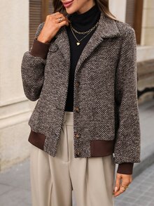 EMERY ROSE Women's Long Sleeve Stand Collar Button Front Contrast Trim Elegant Autumn/Winter Jacket Autumn Clothes For Women Halloween Costume For Women - Brown - View 11