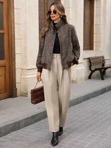 EMERY ROSE Women's Long Sleeve Stand Collar Button Front Contrast Trim Elegant Autumn/Winter Jacket Autumn Clothes For Women Halloween Costume For Women - Brown - View 7