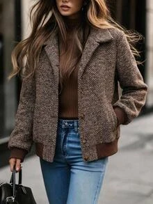 EMERY ROSE Women's Long Sleeve Stand Collar Button Front Contrast Trim Elegant Autumn/Winter Jacket Autumn Clothes For Women Halloween Costume For Women - Brown - View 3