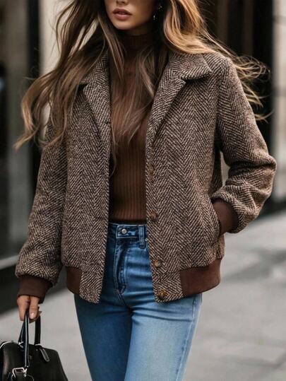 EMERY ROSE Women's Long Sleeve Stand Collar Button Front Contrast Trim Elegant Autumn/Winter Jacket Autumn Clothes For Women Halloween Costume For Women