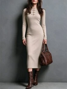 Omancia 2026 Autumn/Winter New Chinese Style Stand Collar High Elastic Fuzzy Ribbed Soft Knit Mid-Length Dress For Women, Vintage Frog Button Design - Khaki - View 3