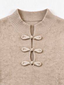 Omancia 2026 Autumn/Winter New Chinese Style Stand Collar High Elastic Fuzzy Ribbed Soft Knit Mid-Length Dress For Women, Vintage Frog Button Design - Khaki - View 5