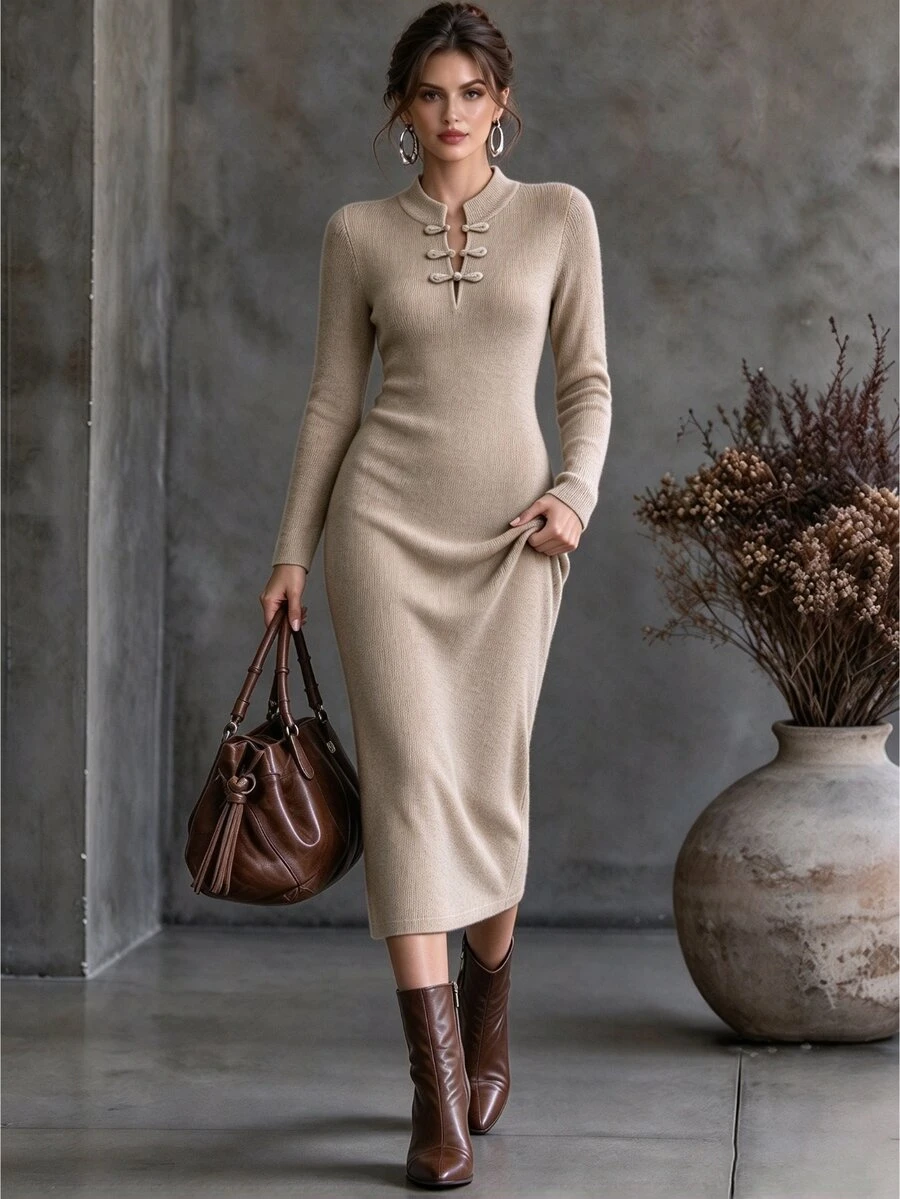 Omancia 2026 Autumn/Winter New Chinese Style Stand Collar High Elastic Fuzzy Ribbed Soft Knit Mid-Length Dress For Women, Vintage Frog Button Design - Khaki - View 1