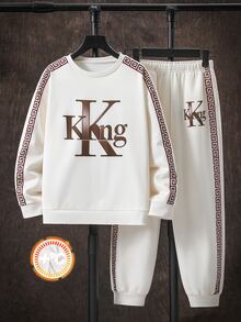 SHEIN 2件組兒童青少年男孩休閒運動學院風 King 字母印花圓領長袖運動衫與長褲套裝，適合通勤、上學、日常休閒、度假、旅行、運動，秋冬穿著 - 杏色 - 查看 2