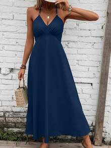 Breezaya Solid Tie Backless Halter Neck Cami Dress Maxi Vacation Beach Outfits Women - Navy Blue - View 7