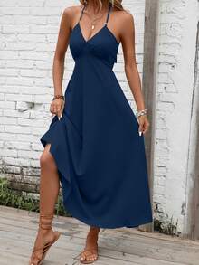 Breezaya Solid Tie Backless Halter Neck Cami Dress Maxi Vacation Beach Outfits Women - Navy Blue - View 5