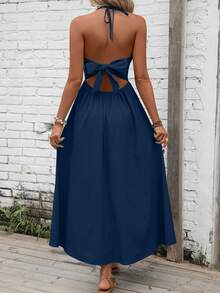 Breezaya Solid Tie Backless Halter Neck Cami Dress Maxi Vacation Beach Outfits Women - Navy Blue - View 2