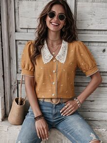 SHEIN Holidaya Women's Summer Light Yellow Lace Oversized Cottagecore Collar Short-Sleeve Shirt, Puff Sleeve Button-Down Embroidered Scalloped Top, Elegant Blouse - Khaki - View 1