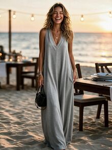 Breezaya Women's Solid Color V-Neck Casual Daily Summer Travel Dress - Light Grey - View 1