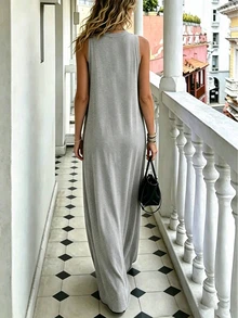 Breezaya Women's Solid Color V-Neck Casual Daily Summer Travel Dress - Light Grey - View 2