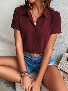 Breezaya Plain Front Button Casual Short Sleeve Shirt,Short Sleeve Tops - Burgundy - View 5