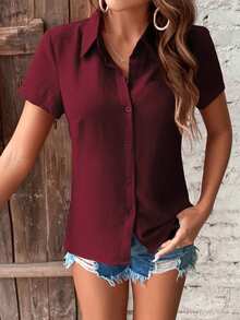 Breezaya Plain Front Button Casual Short Sleeve Shirt,Short Sleeve Tops - Burgundy - View 4