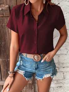 Breezaya Plain Front Button Casual Short Sleeve Shirt,Short Sleeve Tops - Burgundy - View 7