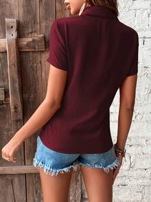 Breezaya Plain Front Button Casual Short Sleeve Shirt,Short Sleeve Tops - Burgundy - View 2