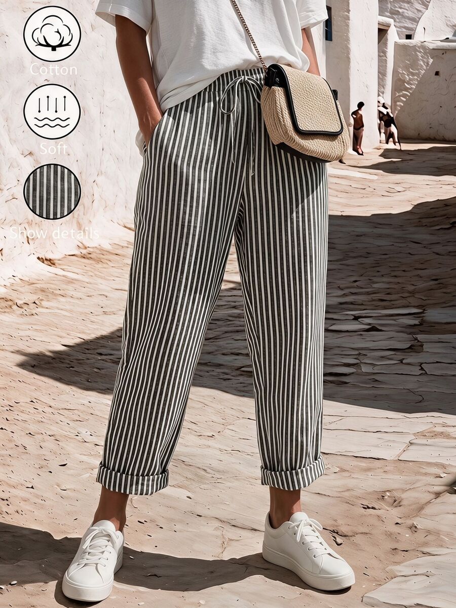 SHEIN Holidaya Vintage Casual Black & White Vertical Striped Drawstring Harem Pants Pin Stripe Pants - Black - View 1