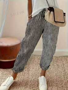SHEIN Holidaya Vintage Casual Black & White Vertical Striped Drawstring Harem Pants Pin Stripe Pants - Black - View 3