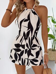 Breezaya Mono sin espalda con estampado de hojas, cintura elástica, para primavera/verano - Multicolor - Ver 5