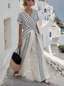 SHEIN Holidaya 女士优雅休闲度假条纹两件套 - 彩色 - 查看 3