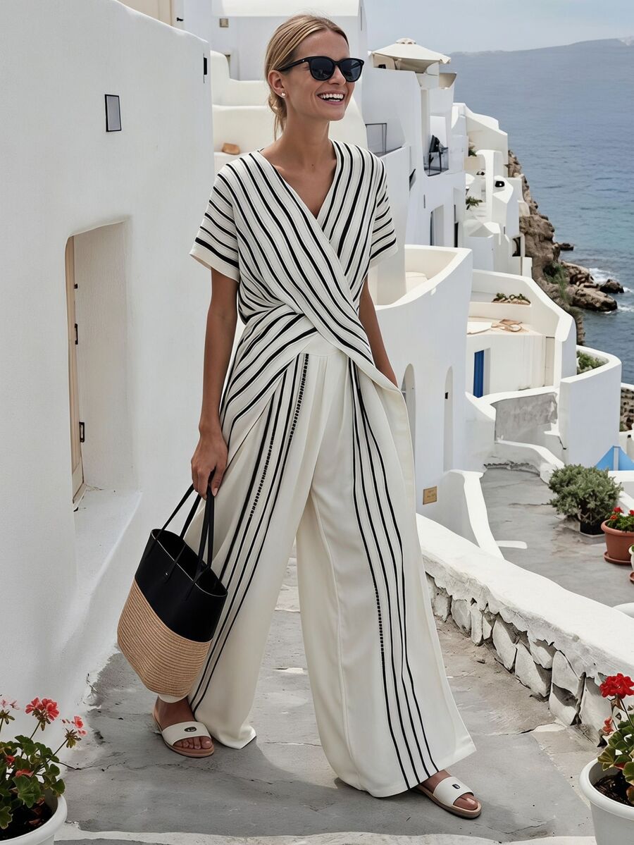 SHEIN Holidaya 女士优雅休闲度假条纹两件套 - 彩色 - 查看 1