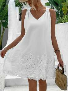 Breezaya Lace Splice Sleeveless Dress Vacation Beach Outfits Women - White - View 4