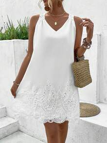 Breezaya Lace Splice Sleeveless Dress Vacation Beach Outfits Women - White - View 7