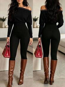 Glimmora Women's Lace Patchwork Off-Shoulder Casual Daily Jumpsuit - Black - View 4