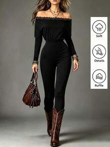 Glimmora Women's Lace Patchwork Off-Shoulder Casual Daily Jumpsuit - Black - View 3