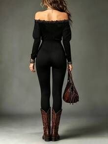 Glimmora Women's Lace Patchwork Off-Shoulder Casual Daily Jumpsuit - Black - View 2