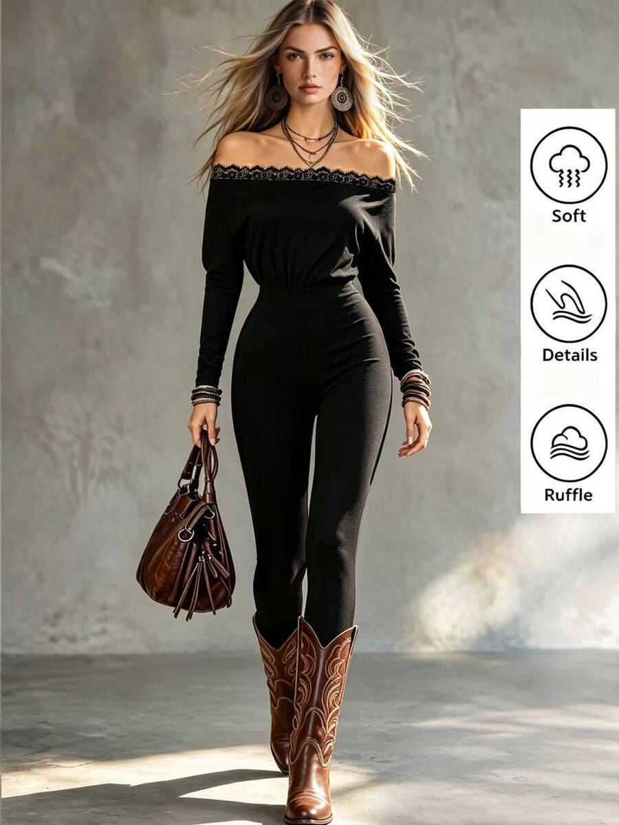 Glimmora Women's Lace Patchwork Off-Shoulder Casual Daily Jumpsuit - Black - View 1