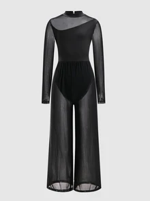 Children's Black High Neck Mesh Long Sleeve Leotard, Elegant Snug Fit Fit, Long Sleeve Thin Mesh, High Elastic Fabric With Mesh Patchwork, Suitable For Daily Ballet Training, Gymnastics Class - Black - View 4
