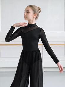 Children's Black High Neck Mesh Long Sleeve Leotard, Elegant Snug Fit Fit, Long Sleeve Thin Mesh, High Elastic Fabric With Mesh Patchwork, Suitable For Daily Ballet Training, Gymnastics Class - Black - View 3