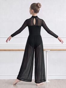 Children's Black High Neck Mesh Long Sleeve Leotard, Elegant Snug Fit Fit, Long Sleeve Thin Mesh, High Elastic Fabric With Mesh Patchwork, Suitable For Daily Ballet Training, Gymnastics Class - Black - View 5