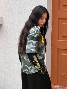 Coolane 女款冬季運動休閒服 學院風復古優雅時尚 外出街頭穿搭 綠色迷彩印花 寬鬆圓領長袖 聚酯纖維彈性纖維 T恤 - 軍綠色 - 查看 8