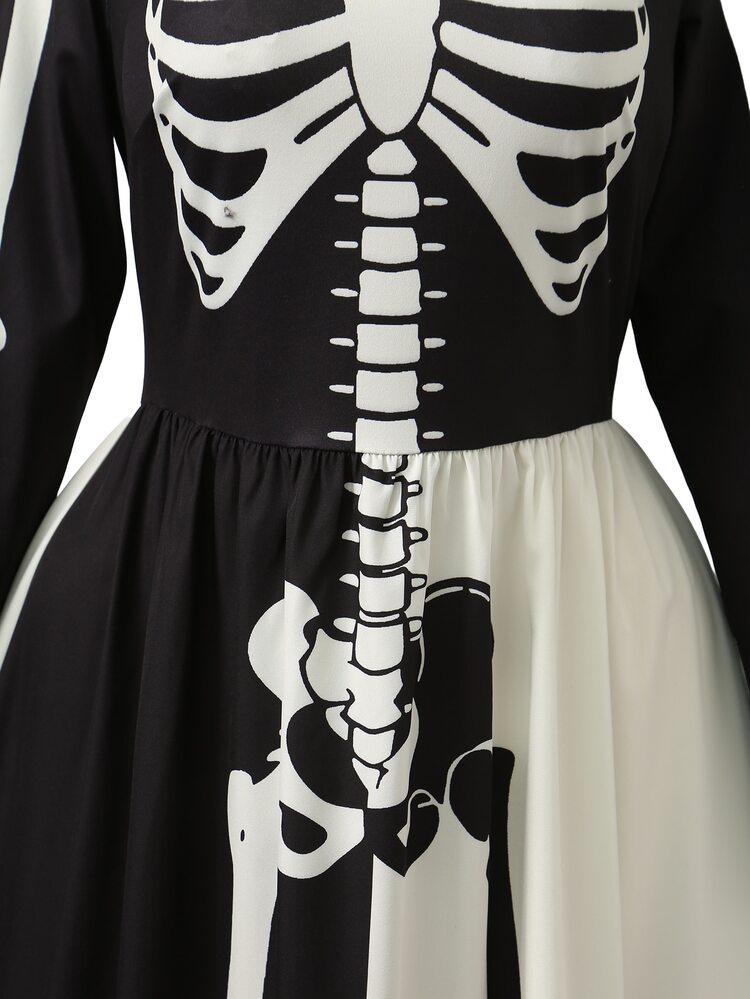 Rometta Gaun Wanita Ukuran Besar Motif Hari Orang Mati Elegan Goth Celestial Gelap Lengan Panjang untuk Pesta Malam, Pernikahan, Tamu, Musim Gugur, Halloween - Hitam - View 5