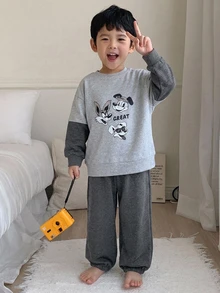 Dazy Kids 兒童秋季小男孩圓領純色針織短袖T恤＋梭織格紋長褲居家休閒兩件套 春/夏 - 深灰色 - 查看 6