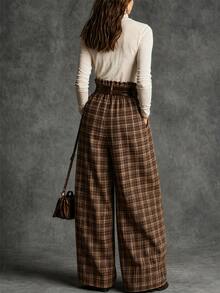 LUMIGAL Women's High Waist Plaid Elastic Waist Wide Leg Long Pants - Multicolor - View 2