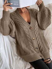 SoleilVie 女士纯色落肩灯笼袖宽松休闲开衫秋冬季长袖上衣 - 棕色 - 查看 3