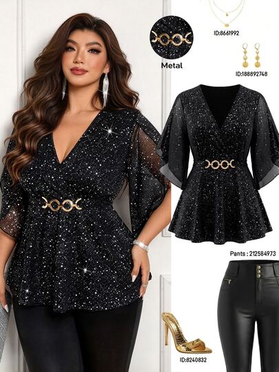 Femmeverse Plus Size Women's Elegant Fashion T-Shirt Top, Minimalist Slimming Design With Flattering Belly Coverage, Criss-Cross Neckline, Designer Style With Metal Decorative Buckle, Silver Foil Fabric, Statement Sleeves, Dressy Party Top