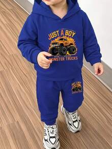 Boys' Blue Sweatshirt And Sweatpants 2 Pieces Set With Flame Truck And Car Print Casual Western Sports Academy Style For Fall (4y-7y) Birthday - Blue - View 1
