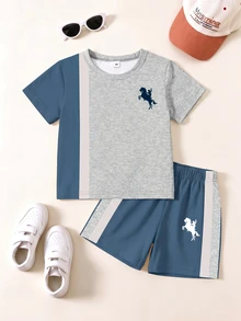 Only 1 Set Toddler Cute Horse Rider Graphic Striped Short Sleeve T-Shirt And Shorts Matching - Multicolor - View 3