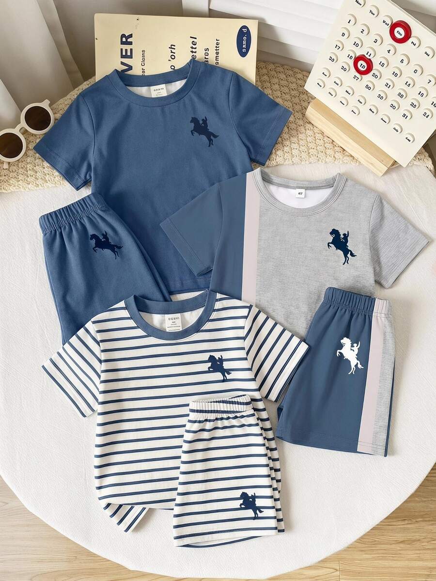 Only 1 Set Toddler Cute Horse Rider Graphic Striped Short Sleeve T-Shirt And Shorts Matching - Multicolor - View 1