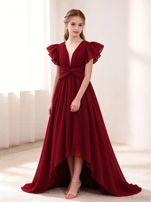 Tween Girls Elegant Burgundy Chiffon Flounce Sleeve High Low Party Dress Tween Girl Twist Knot Ruched Wedding Prom Formal Gown - Burgundy - View 4