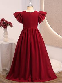 Tween Girls Elegant Burgundy Chiffon Flounce Sleeve High Low Party Dress Tween Girl Twist Knot Ruched Wedding Prom Formal Gown - Burgundy - View 5