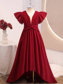 Tween Girls Elegant Burgundy Chiffon Flounce Sleeve High Low Party Dress Tween Girl Twist Knot Ruched Wedding Prom Formal Gown - Burgundy - View 8