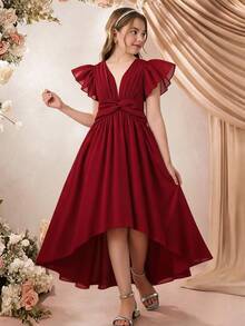 Tween Girls Elegant Burgundy Chiffon Flounce Sleeve High Low Party Dress Tween Girl Twist Knot Ruched Wedding Prom Formal Gown - Burgundy - View 3