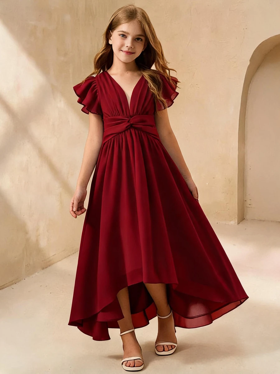 Tween Girls Elegant Burgundy Chiffon Flounce Sleeve High Low Party Dress Tween Girl Twist Knot Ruched Wedding Prom Formal Gown - Burgundy - View 1