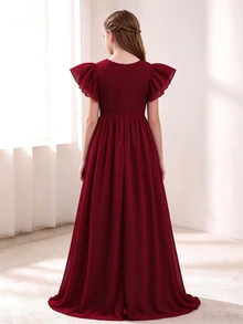 Tween Girls Elegant Burgundy Chiffon Flounce Sleeve High Low Party Dress Tween Girl Twist Knot Ruched Wedding Prom Formal Gown - Burgundy - View 2