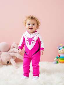 SHEIN Baby Girl Contrast Color Patchwork Spider Print Hooded Jumpsuit Autumn Fall - Pink - View 1