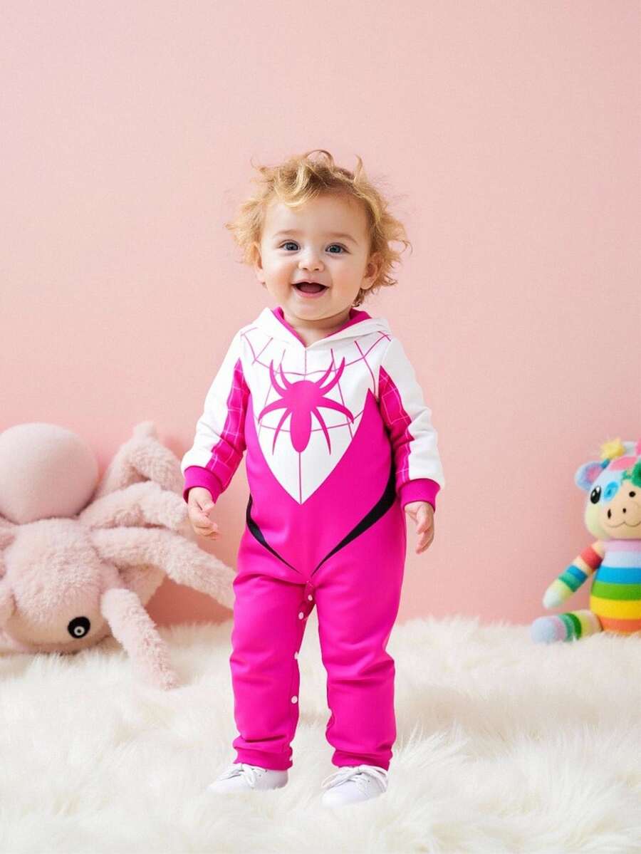 SHEIN Baby Girl Contrast Color Patchwork Spider Print Hooded Jumpsuit Autumn Fall - Pink - View 1