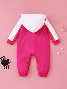 SHEIN Baby Girl Contrast Color Patchwork Spider Print Hooded Jumpsuit Autumn Fall - Pink - View 2